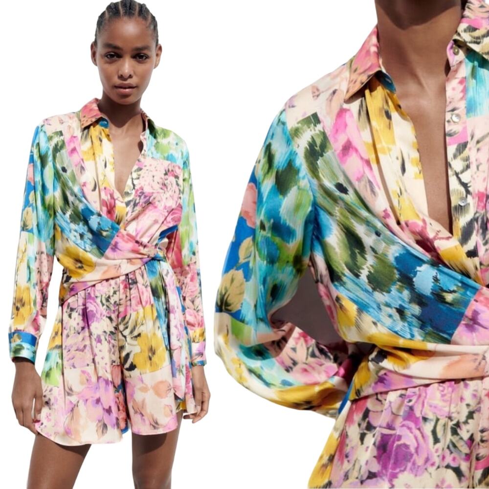 Zara Floral Print Satin Romper Long Sleeve Button Down Wrap Colorful NEW Small